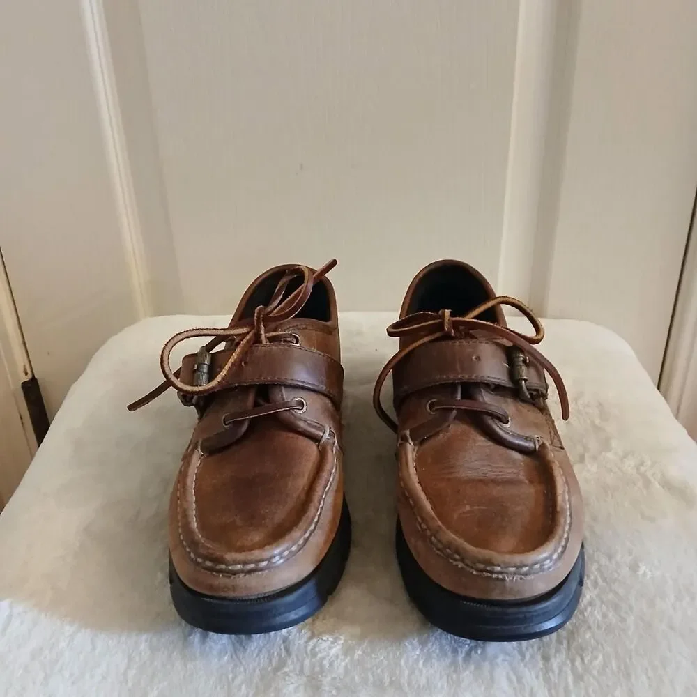 Y2K Vintage Ralph Lauren Brown Leather Buckle Strap Lug Sole Shoes 9 Preppy